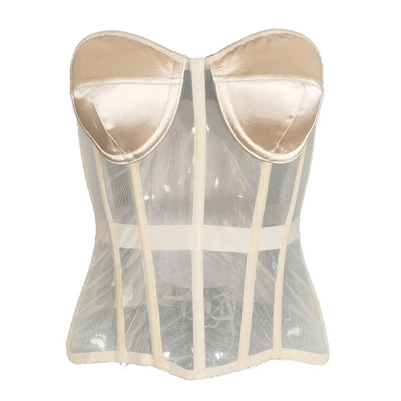 Women Corset Bustiers Strapless with Bra Breathable Mesh Lace up Boned Bodices Waist Girdle Tummy Control Tight Tops XXS to 6XL